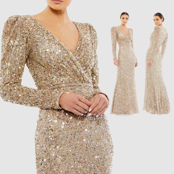 Mac Duggal 5510 Womens Size 4 Gold Sequin Beaded Puff Shoulder Long Gown Dress - Picture 1 of 16